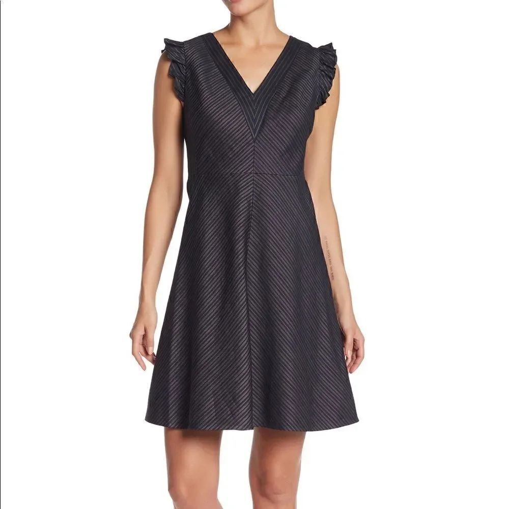 Rebecca Taylor Navy Stripe A Line Linen Blend Dress ruffled shoulder detailing